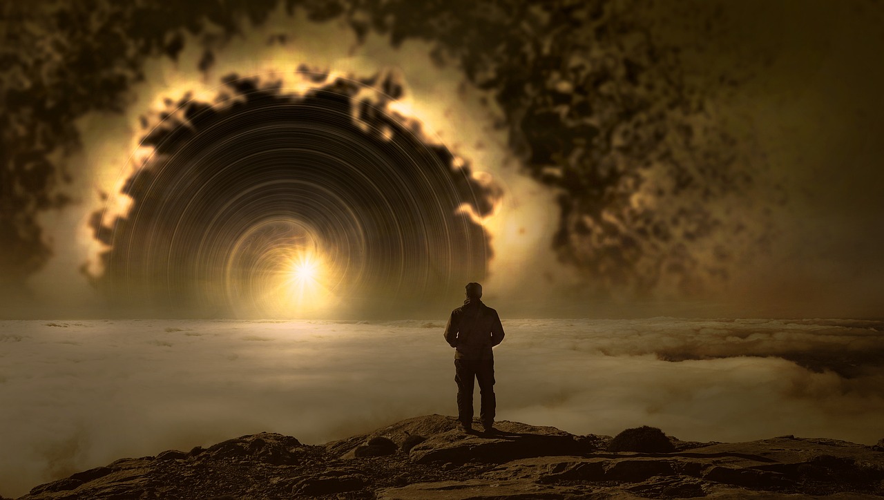 a man standing on top of a rock next to a body of water, digital art, inspired by Johfra Bosschart, luminous black hole portal, spiral clouds, universe in a grain of sand, stardust in atmosphere