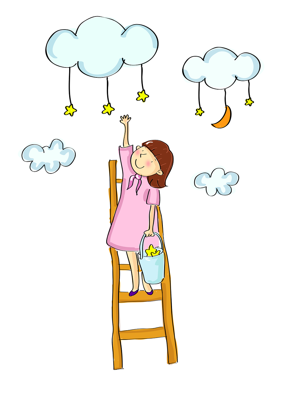 a little girl reaching for the stars on a ladder, an illustration of, naive art, linear illustration, clipart, illustration, robe