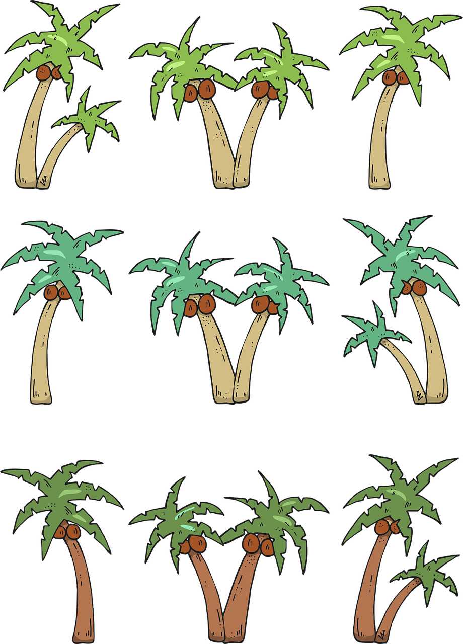 a bunch of palm trees on a black background, concept art, hurufiyya, pictographs, spritesheet, coconuts, half image