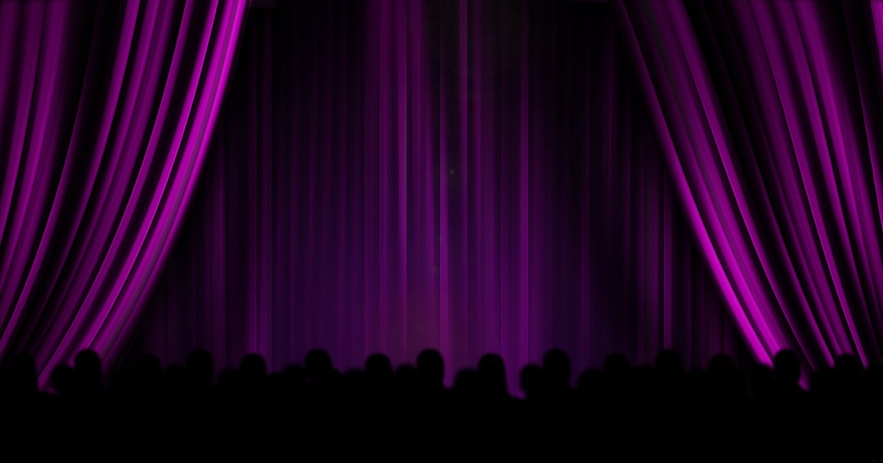 a group of people standing in front of a purple curtain, pexels, cinemascope panorama, tabernacle deep focus, transparent background, recital
