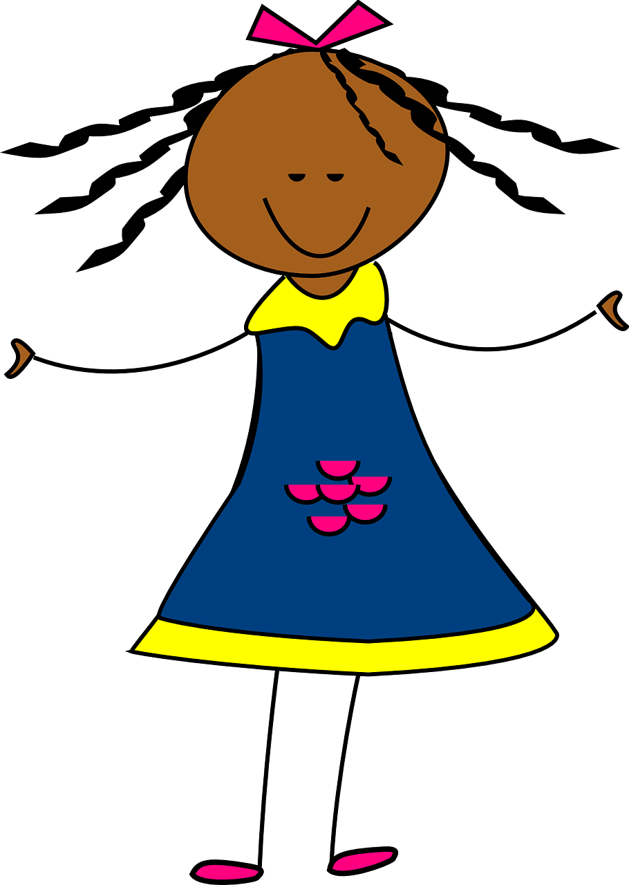 a girl in a blue dress with a pink bow, a digital rendering, by Ismail Gulgee, naive art, on a flat color black background, childs drawing, beautiful black blue yellow, wearing a long dress