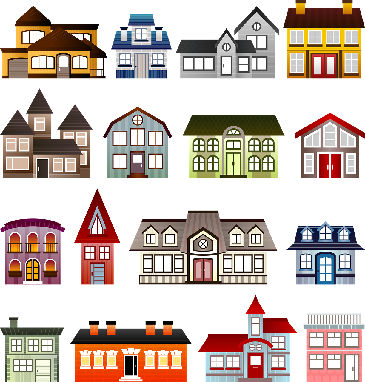 a bunch of different colored houses on a black background, an illustration of, sharp high detail illustration, front elevation, doors, in style of ultra high detail