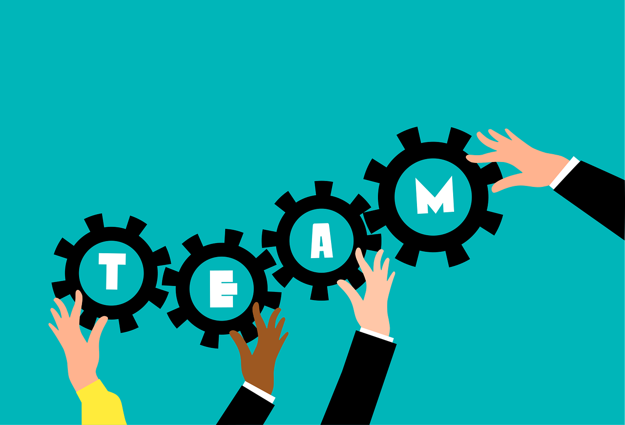 a group of people holding up gears with the word team, a cartoon, by Ingrida Kadaka, trending on pixabay, conceptual art, teals, rectangular, sleek hands, background image