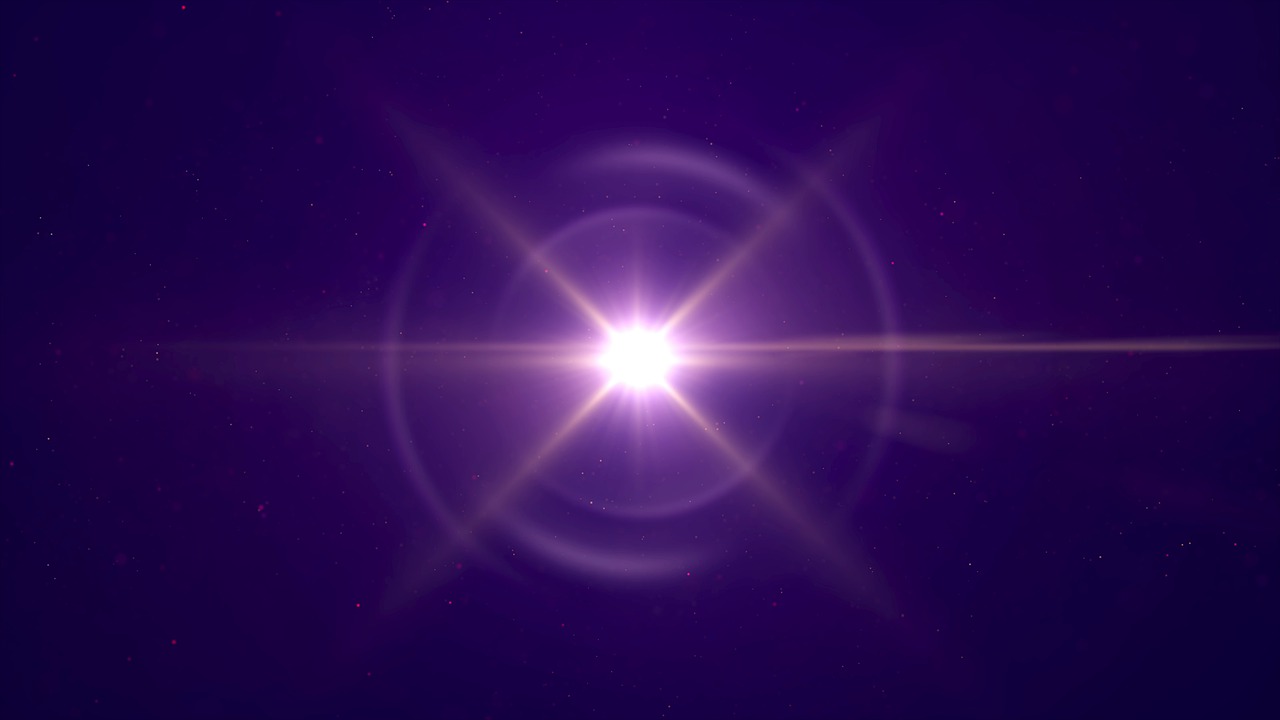 a bright star shines brightly in the night sky, light and space, purple sun, neon lens flare, volumetric lighting from above, shafts of sunlight in the centre