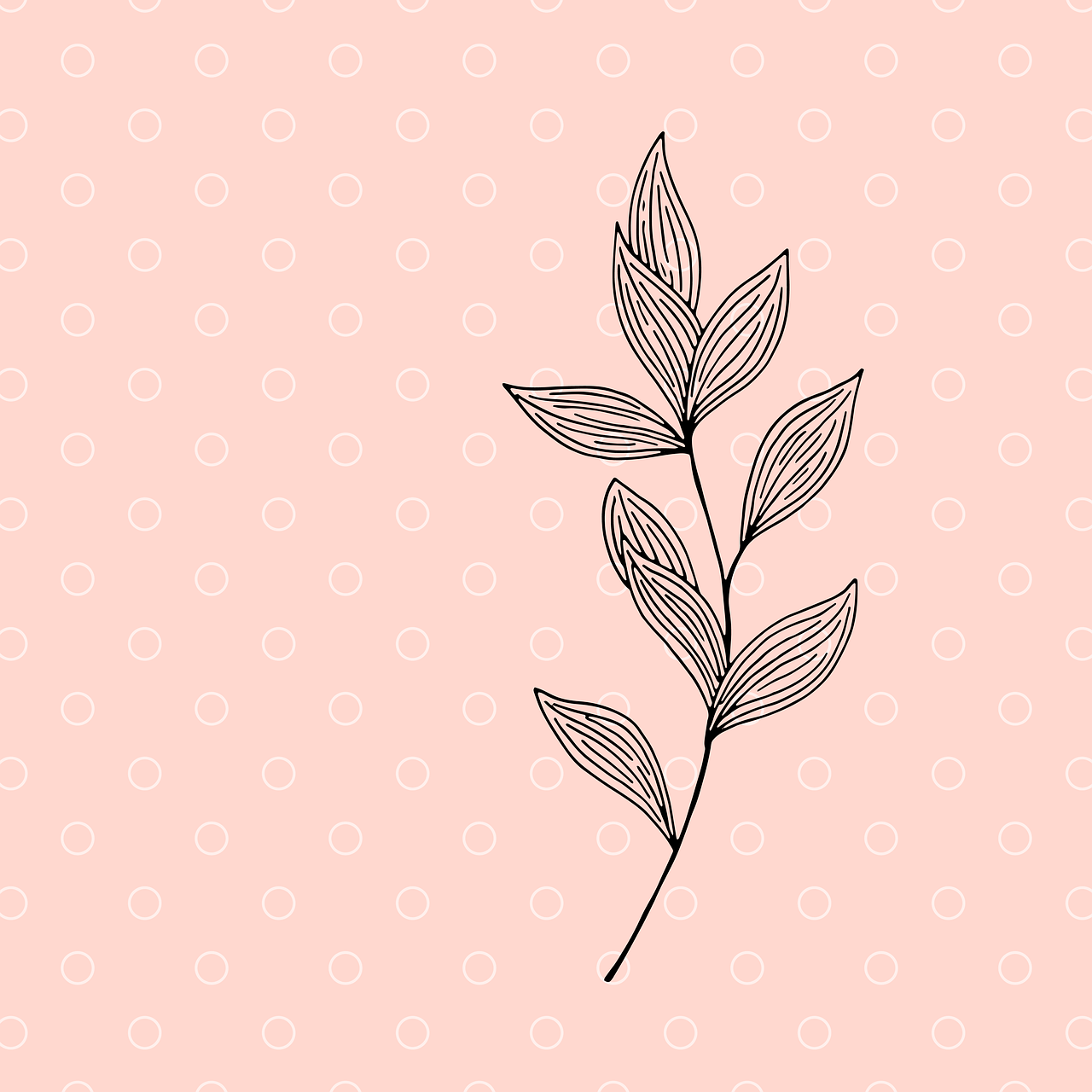 a black and white drawing of a plant on a pink background, lineart, inspired by Katsushika Ōi, trending on pixabay, polka dot, leaves twigs wood, vector background, right side composition