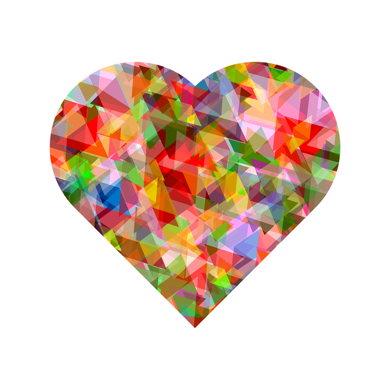 a multicolored heart on a black background, crystal cubism, camouflage made of love, very very happy!, low polygons illustration, translucent