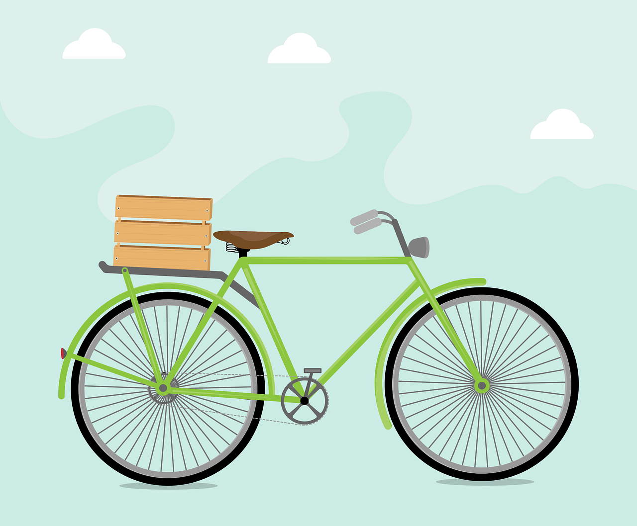 a green bicycle with a basket on the back, an illustration of, delivering parsel box, poster illustration, sleek design, bread