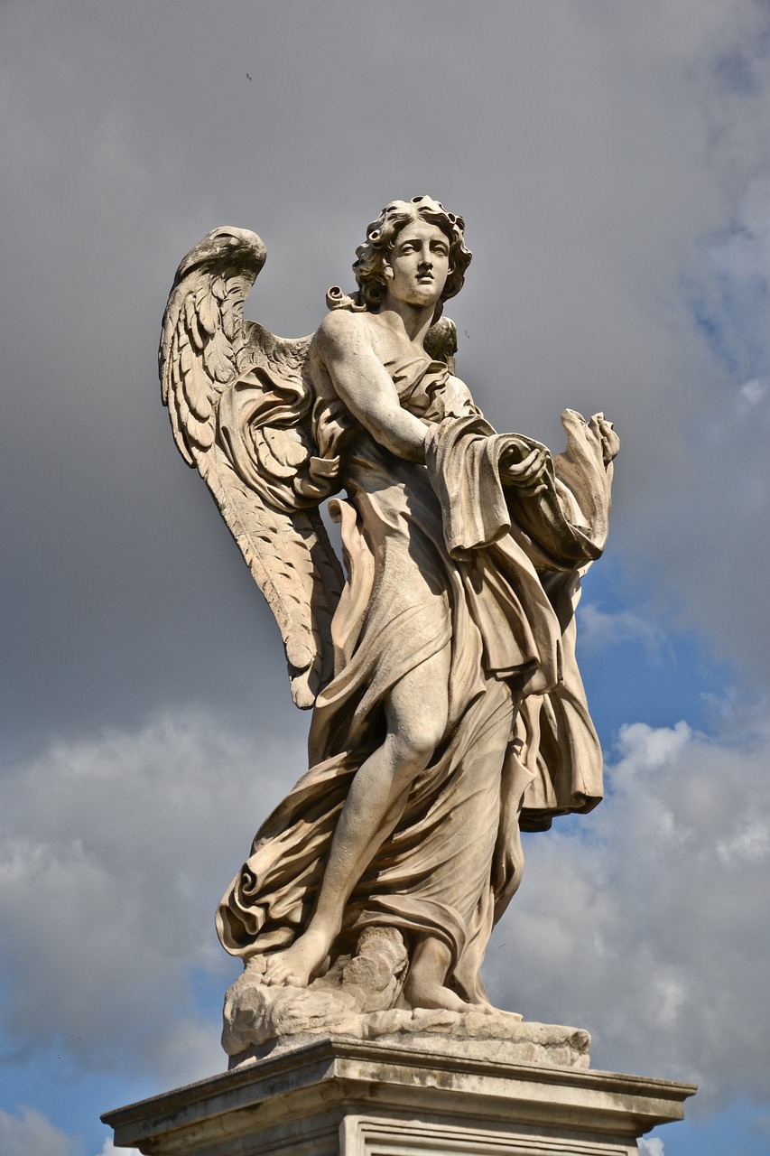 a statue of an angel holding a bird, a statue, inspired by Gian Lorenzo Bernini, standing triumphant and proud, roma, wikimedia commons, stock photo