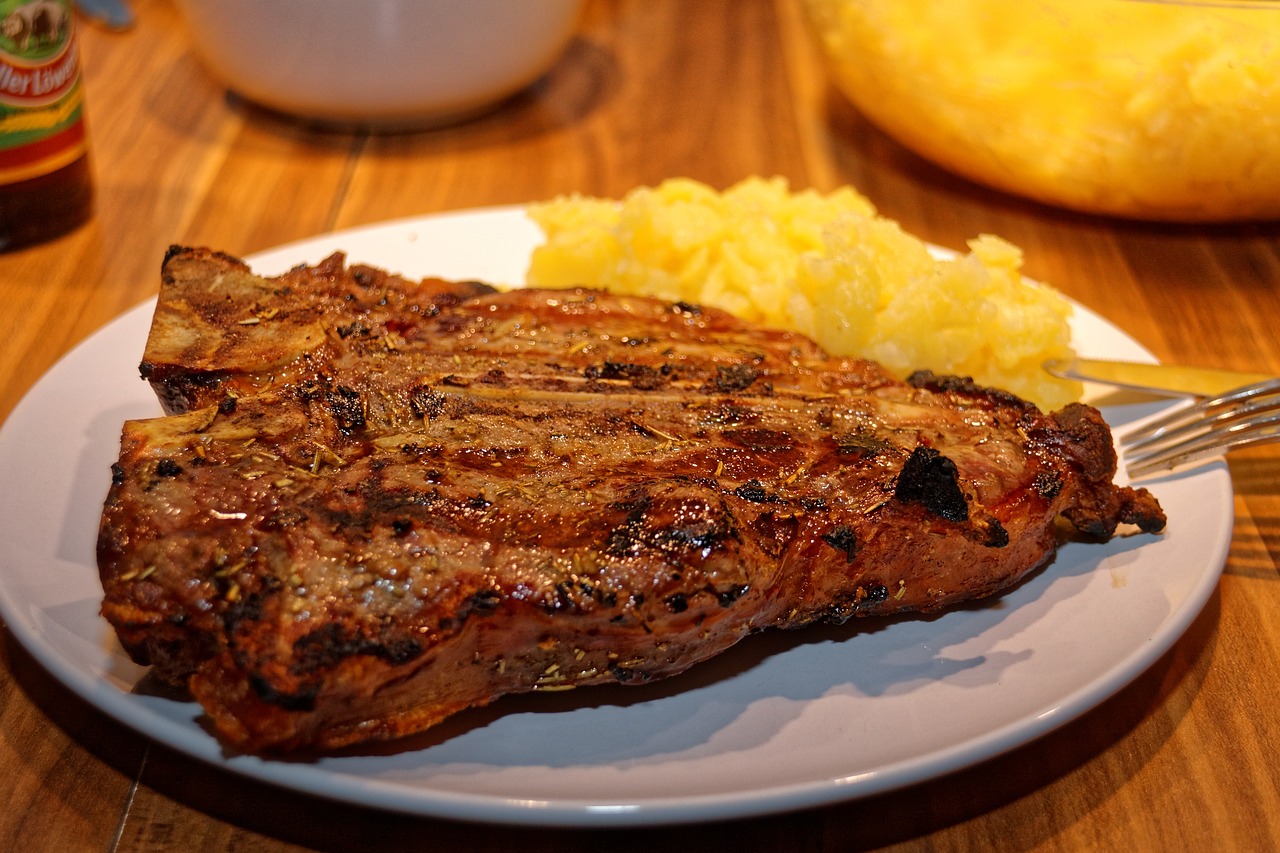 a steak and mashed potatoes on a plate, by Alice Mason, pixabay, corn, right side profile, stock photo, eastern european origin