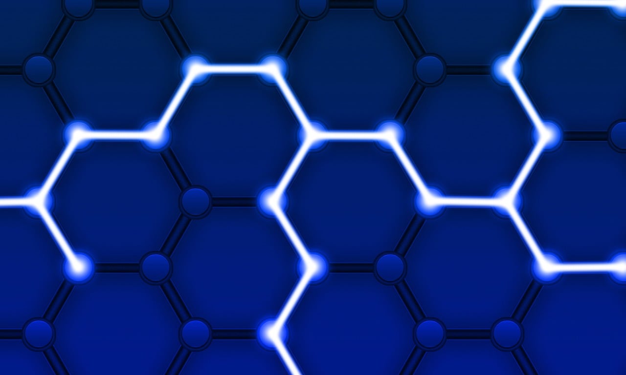 a close up of a blue background with hexagons, by Aleksander Gierymski, flickr, digital art, thick glowing chains, iphone wallpaper, bio-luminescence, background image