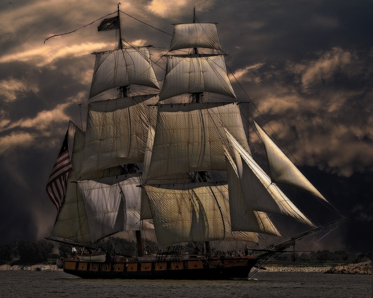 a large sail boat floating on top of a body of water, a portrait, inspired by Fitz Henry Lane, pixabay contest winner, romanticism, dark clouds above, vertical wallpaper, gold galleon ship, patriot