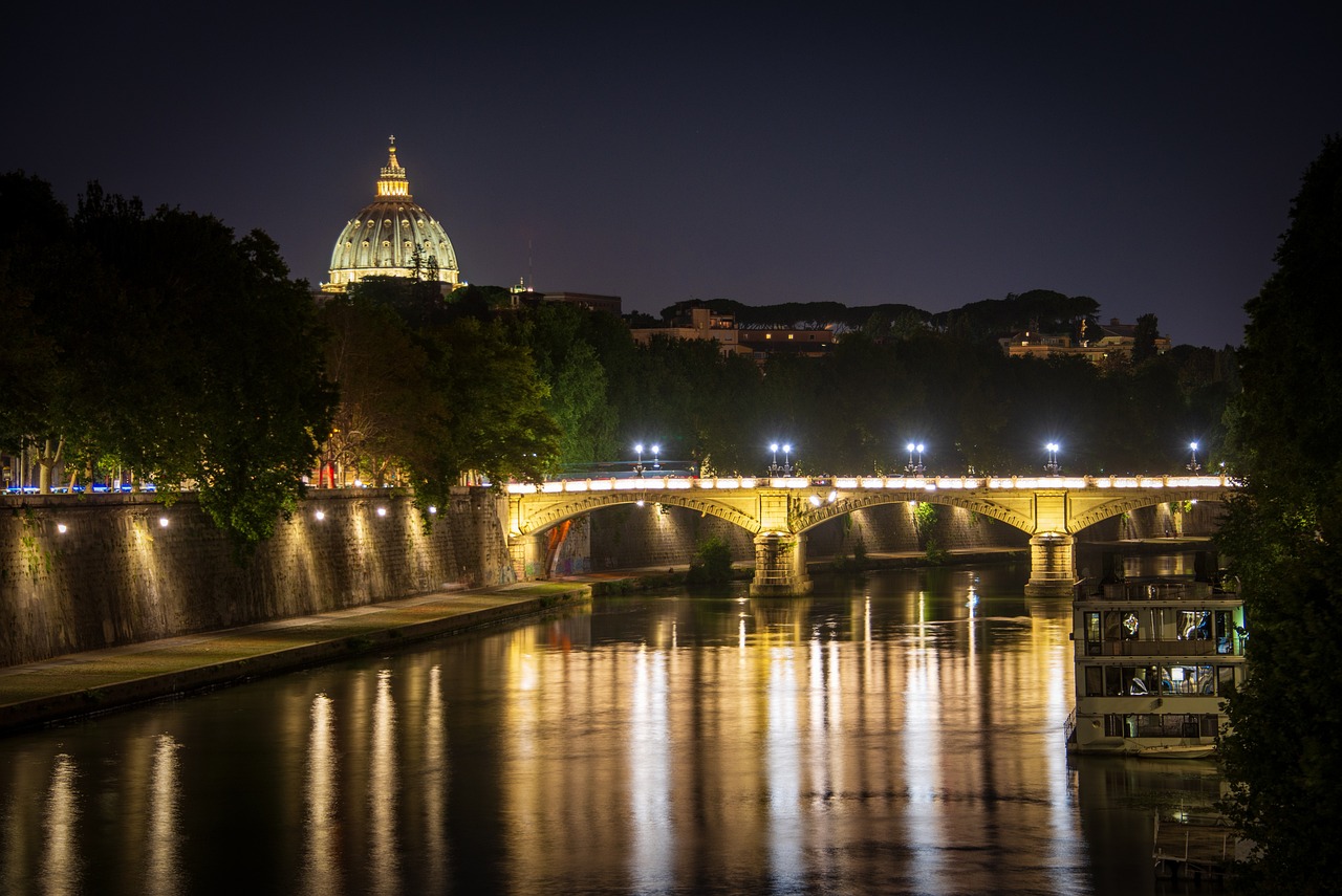 a view of a bridge over a river at night, a picture, by Cagnaccio di San Pietro, shutterstock, style blend of the vatican, noctilux 50mm, summer morning, stock photo