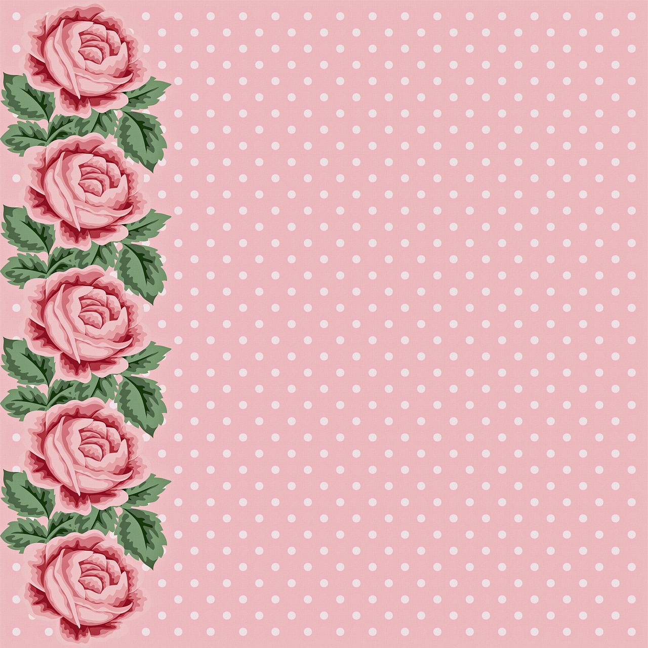 a pink rose border on a polka dot background, inspired by Katsushika Ōi, romanticism, 1950s illustration style, high quality illustration, four, facing front