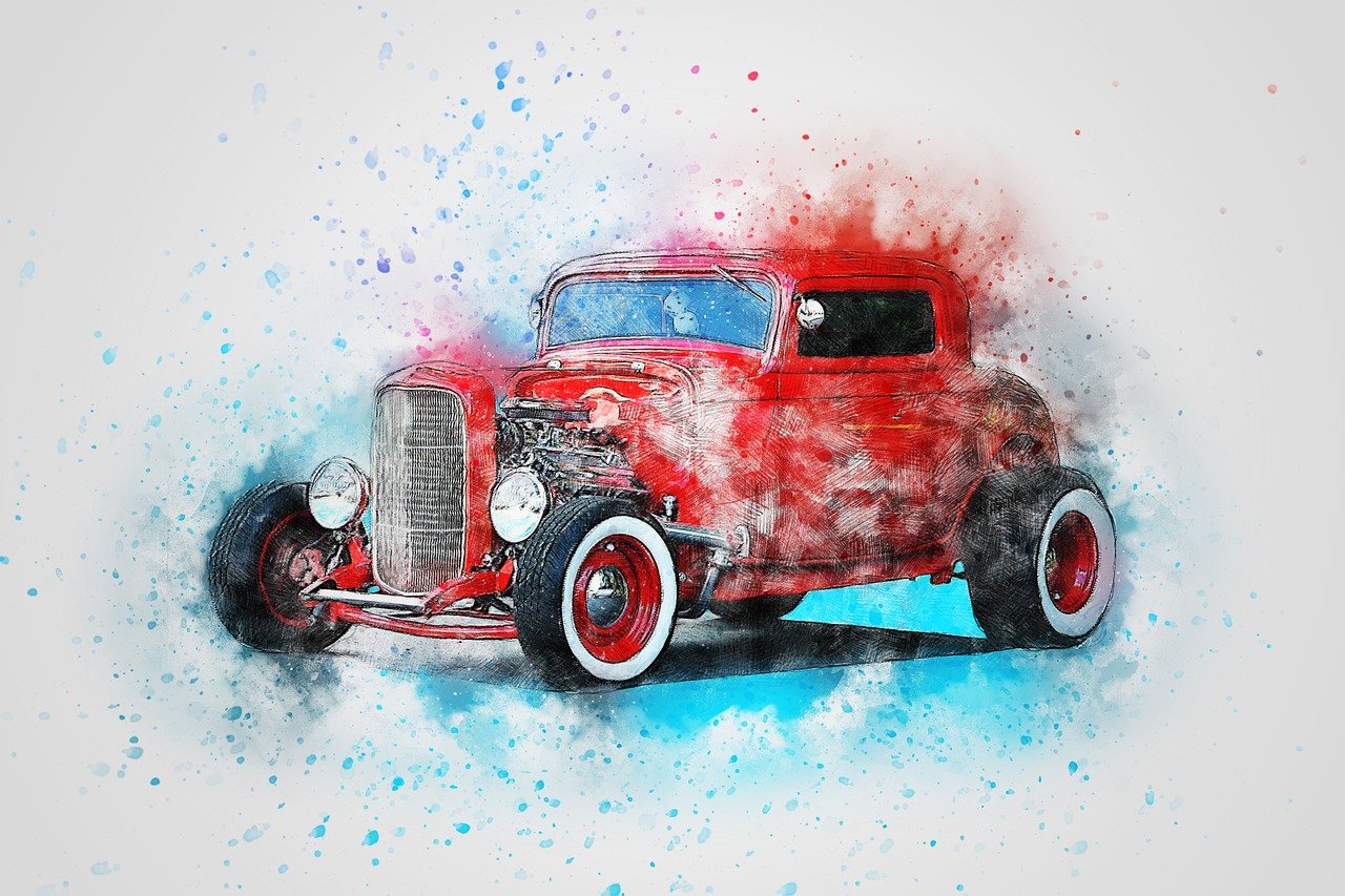 a watercolor painting of a red hot rod car, trending on pixabay, art photography, colorized background, a beautiful artwork illustration, oil paint and spray paint, vintage saturation