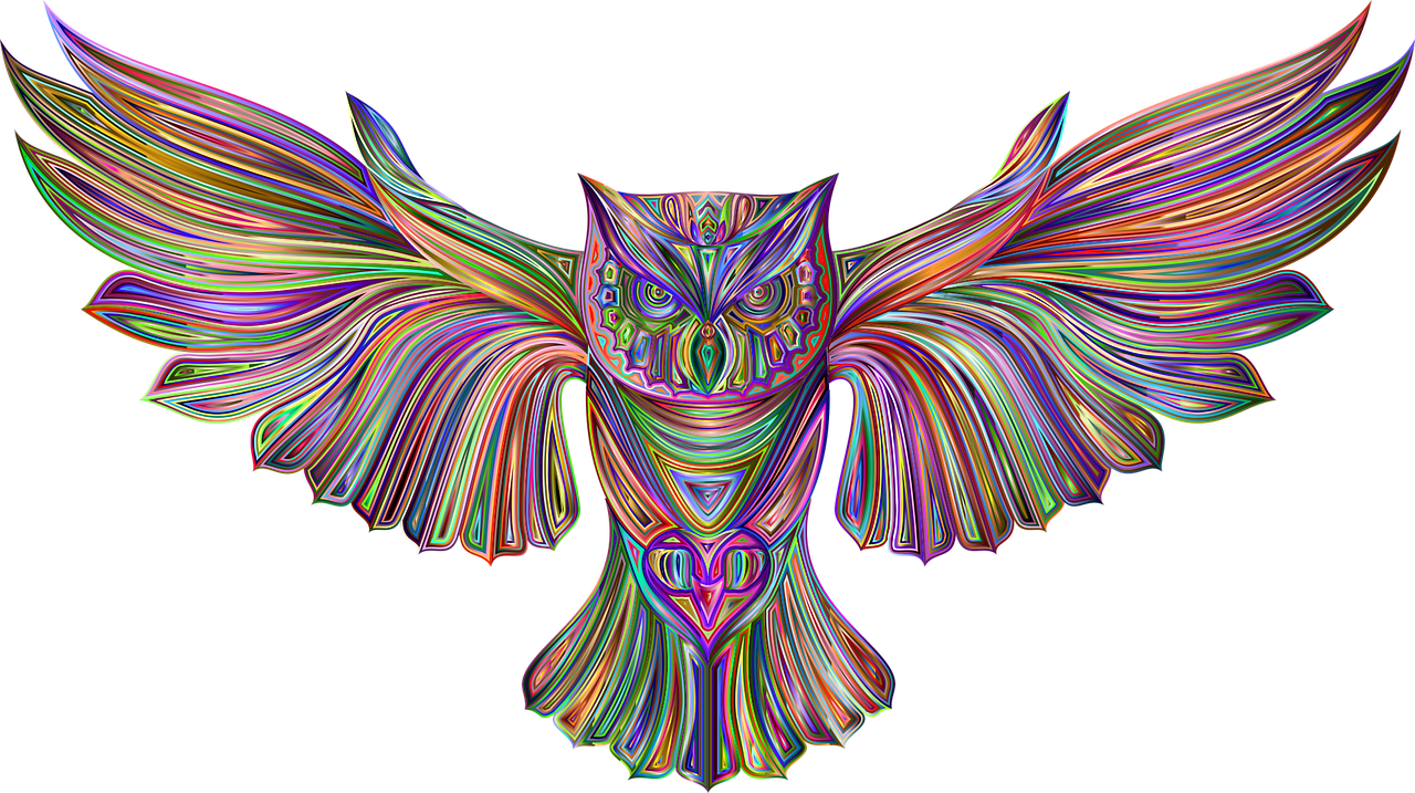 a colorful owl on a black background, a digital rendering, inspired by Alex Grey, amoled, spaghettification, rainbow line - art, wide screenshot