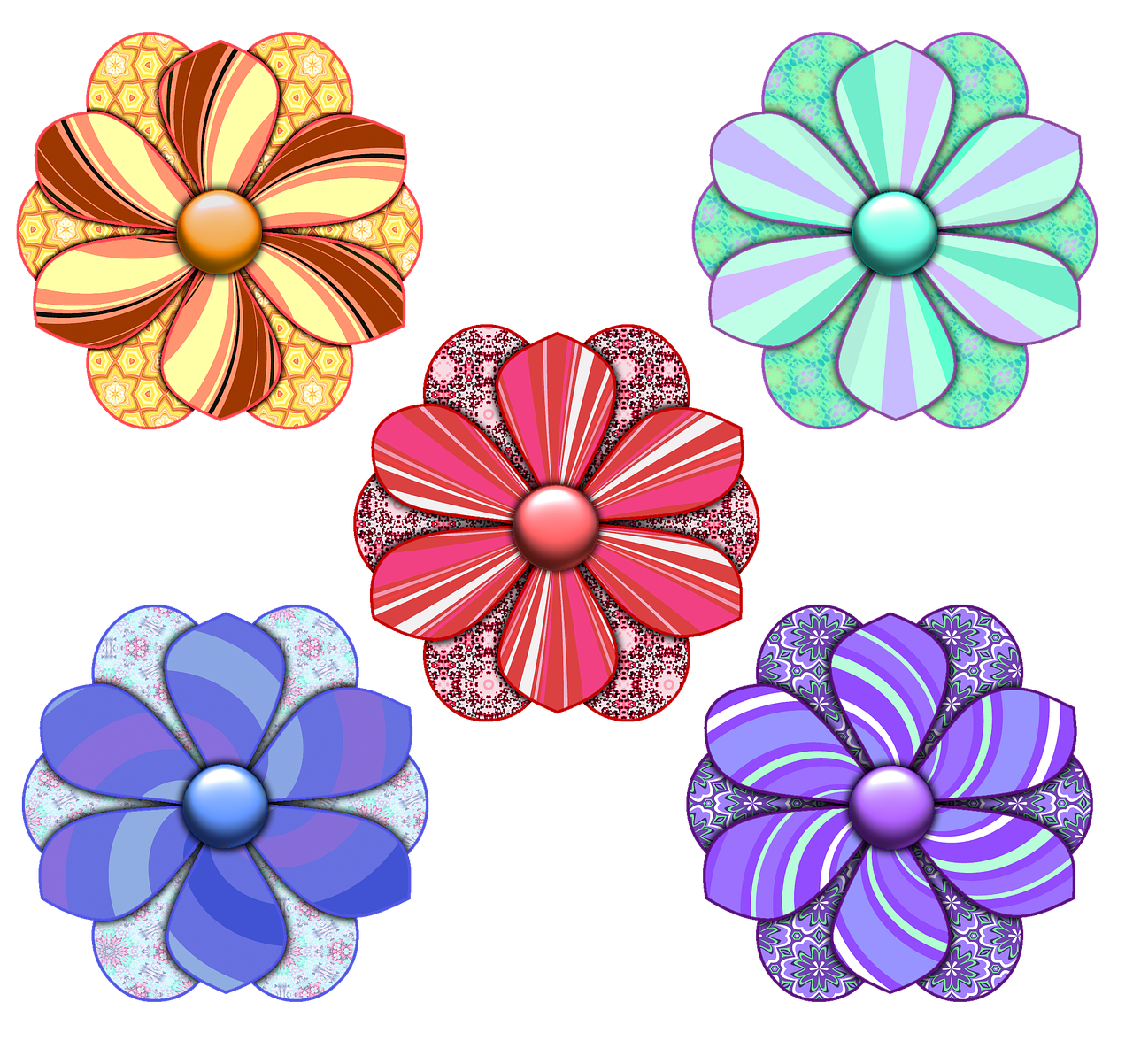 four different colored flowers on a black background, digital art, by Gwen Barnard, flickr, digital art, jewel embellishment, cutie mark, layered paper, clip-art