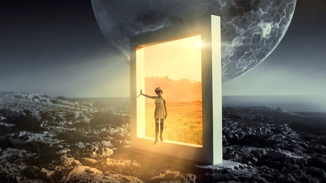 a person standing in front of an open door, inspired by Cyril Rolando, magical realism, standing on a martian landscape, tom chambers photography, beautiful girl on the horizon, cube portals