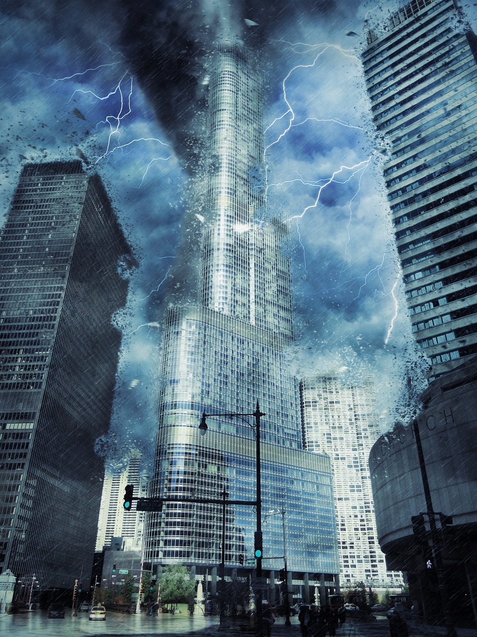 a very tall building in the middle of a city, shutterstock, digital art, thunders, chicago, damaged, enhanced photo