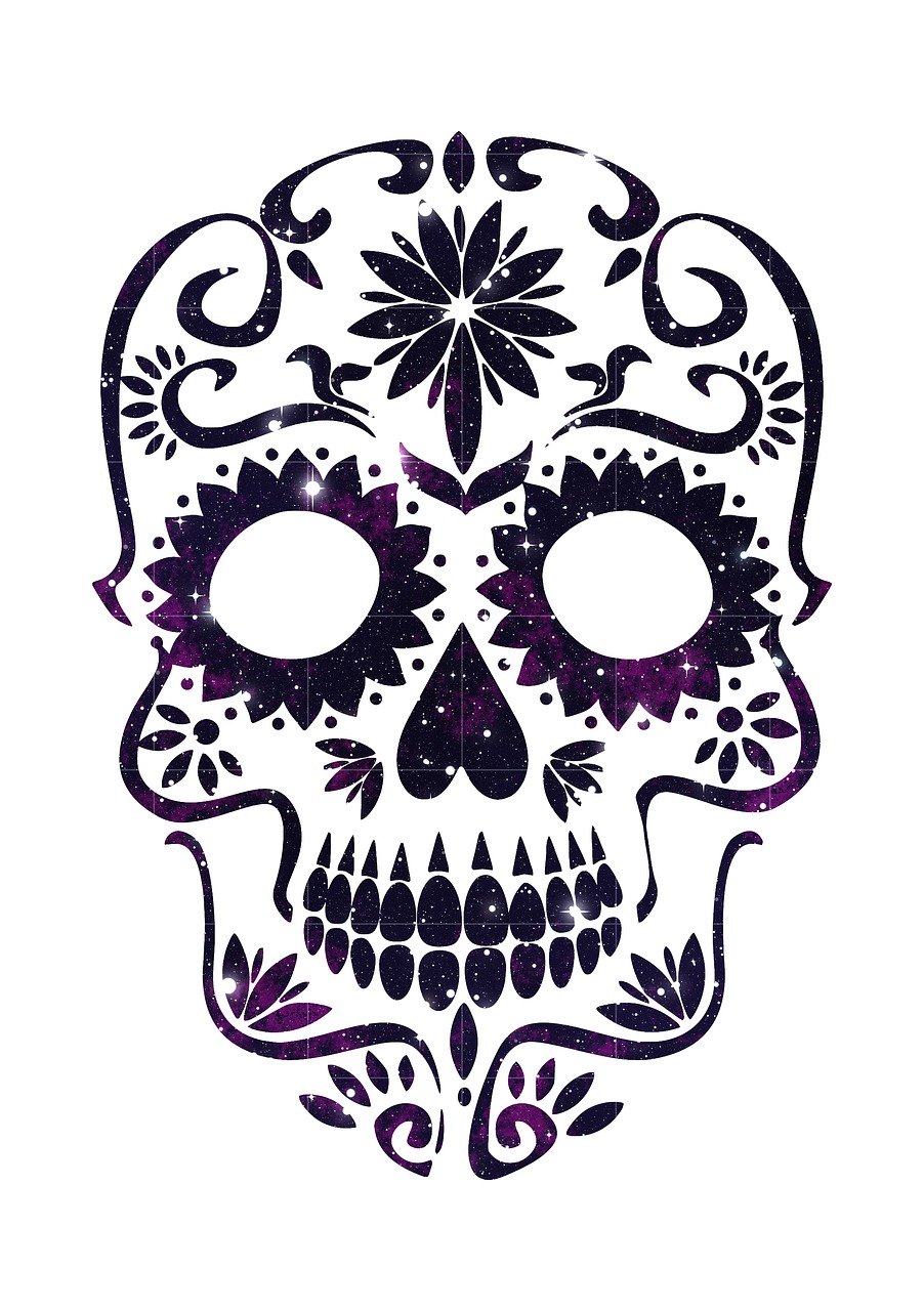 a black and purple sugar skull on a white background, shutterstock, strange portrait with galaxy, stencil, background image, inky illustration