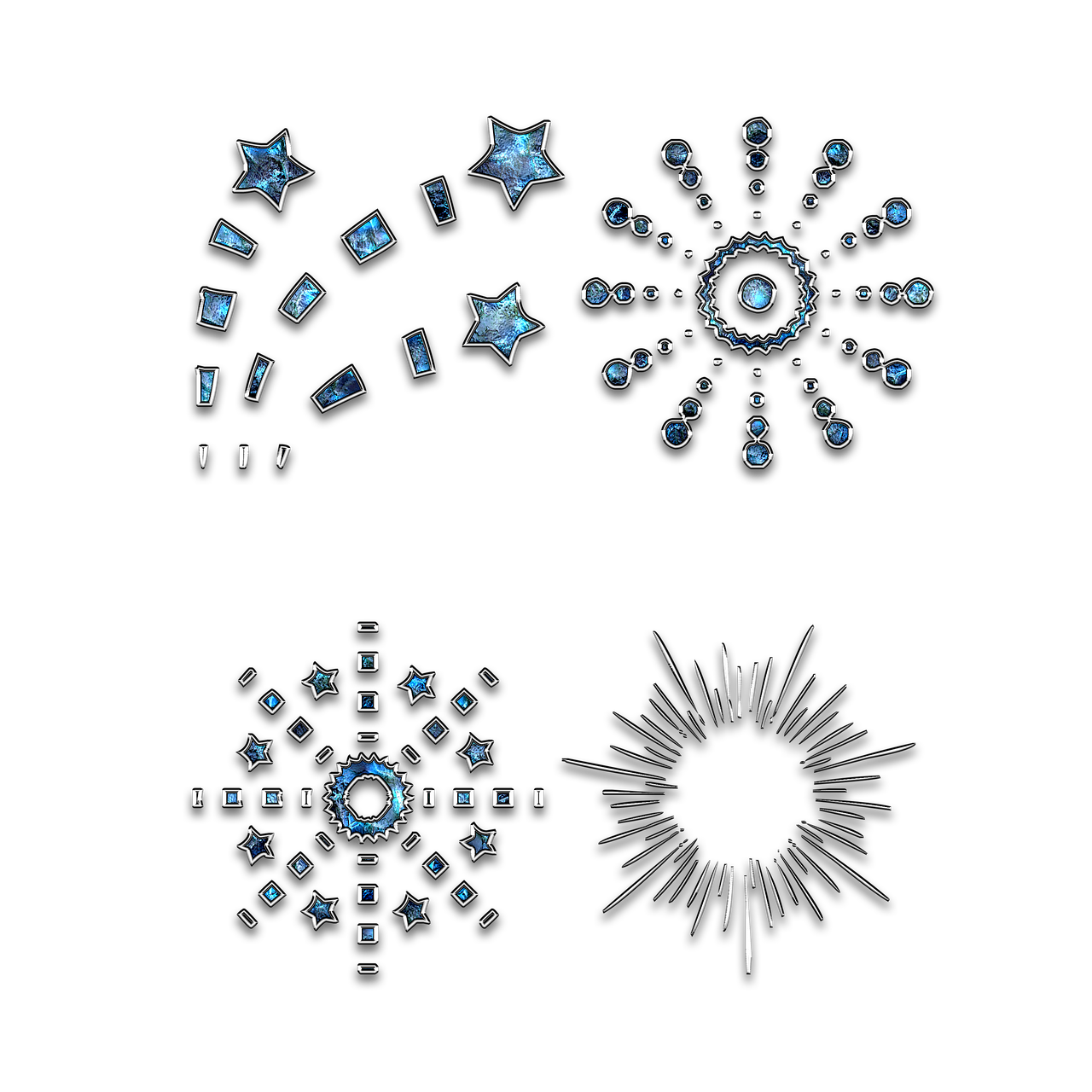 a bunch of snowflakes on a black background, concept art, generative art, chaumet style, firework, blue diamonds, exploded view