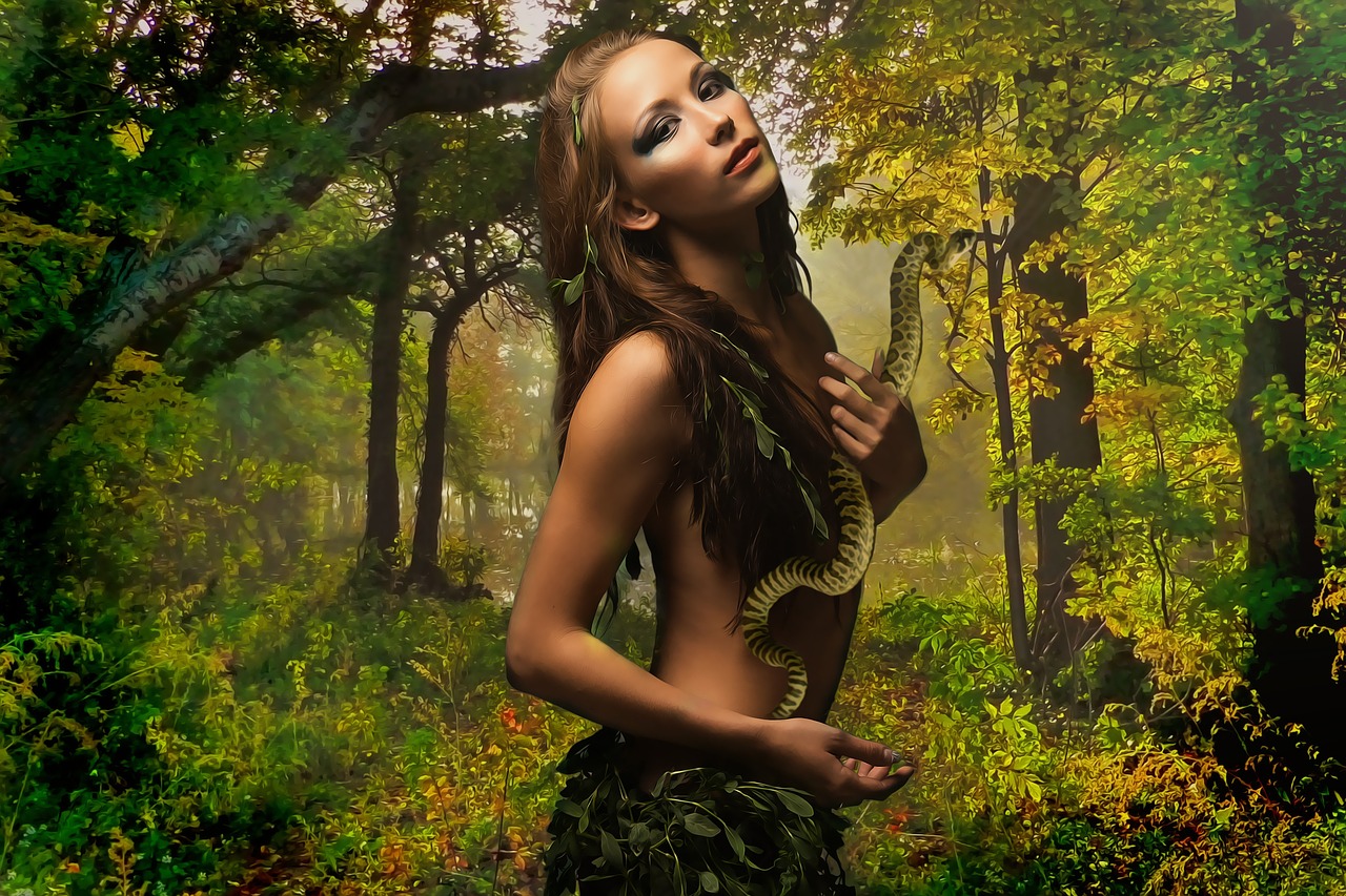 a woman standing in the middle of a forest, inspired by Franz Sedlacek, fantasy art, snake woman, natural sensuality, photoshopped, fauns