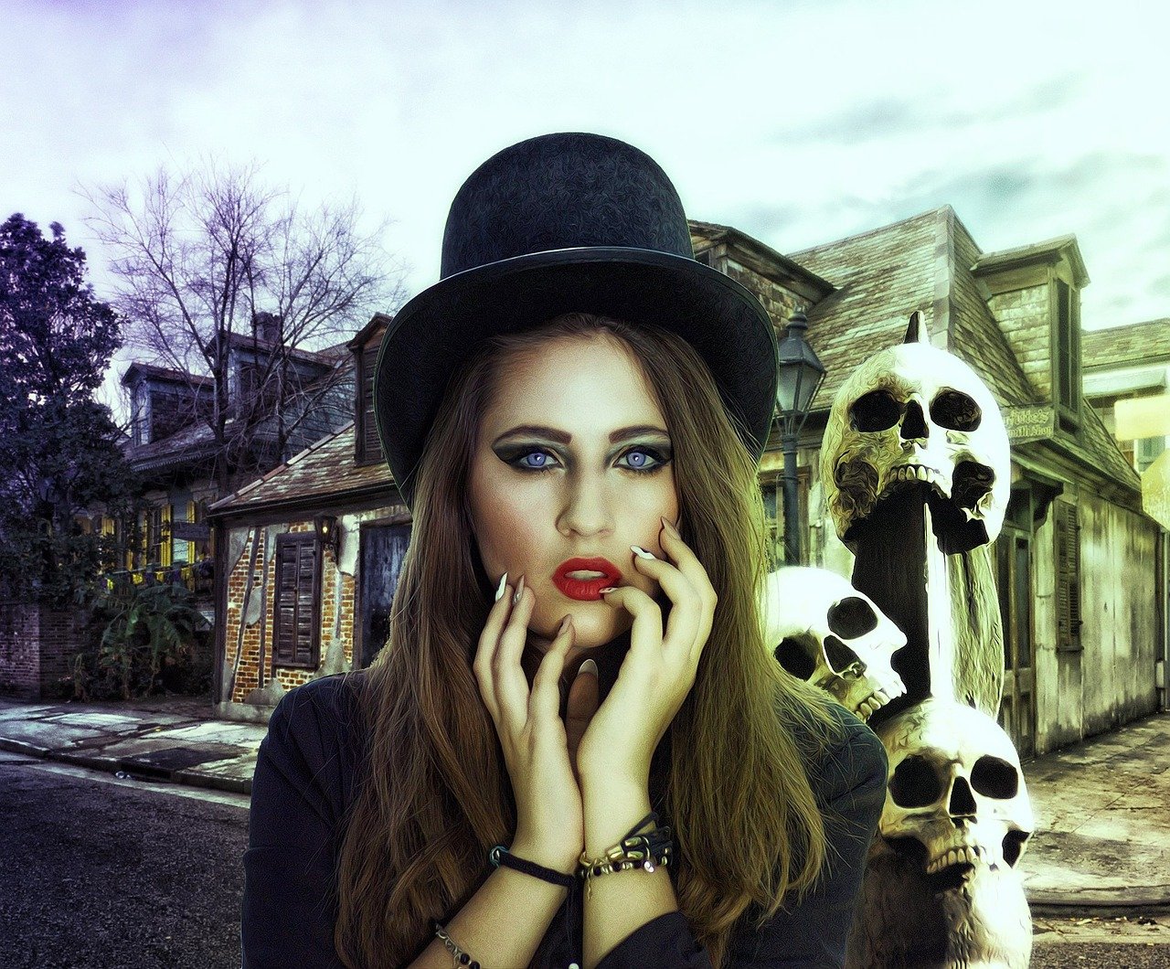 a woman in a hat is posing for a picture, a colorized photo, trending on pixabay, gothic art, dracula fangs! haunted house, with jagged rocks and eerie, skulls and skeletons, young southern woman