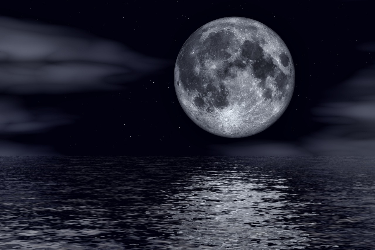 a full moon rising over a body of water, a digital rendering, by John Moonan, shutterstock, very detailed photo, mid shot photo