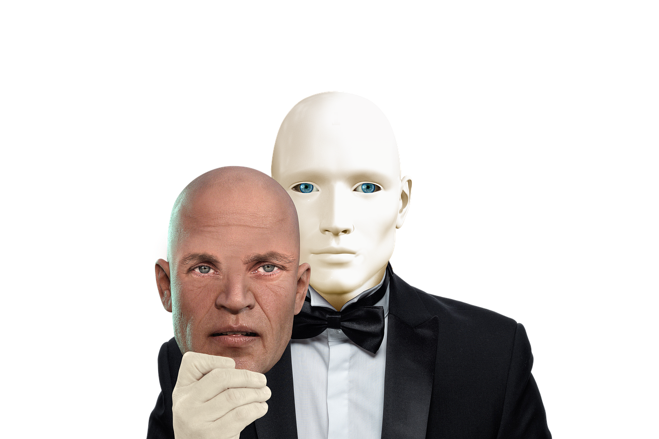 a man in a tuxedo and a mannequin, a portrait, inspired by Giorgio Cavallon, surrealism, muscular bald man, robot head and man head, generic male npc face, white mask