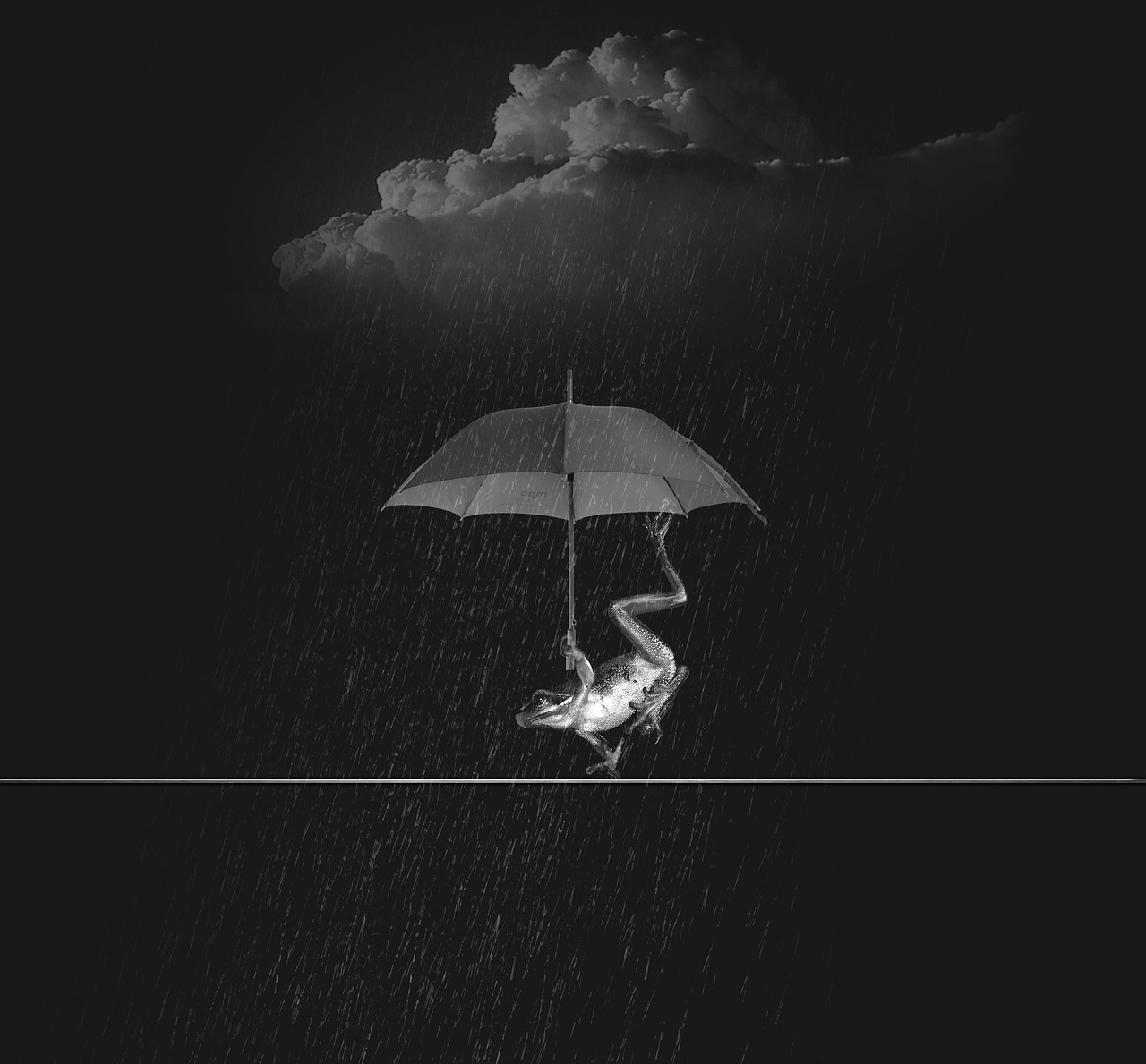 a woman sitting under an umbrella in the rain, a black and white photo, unsplash contest winner, conceptual art, alex andreev, amoled wallpaper, attached to wires. dark, water manipulation photoshop
