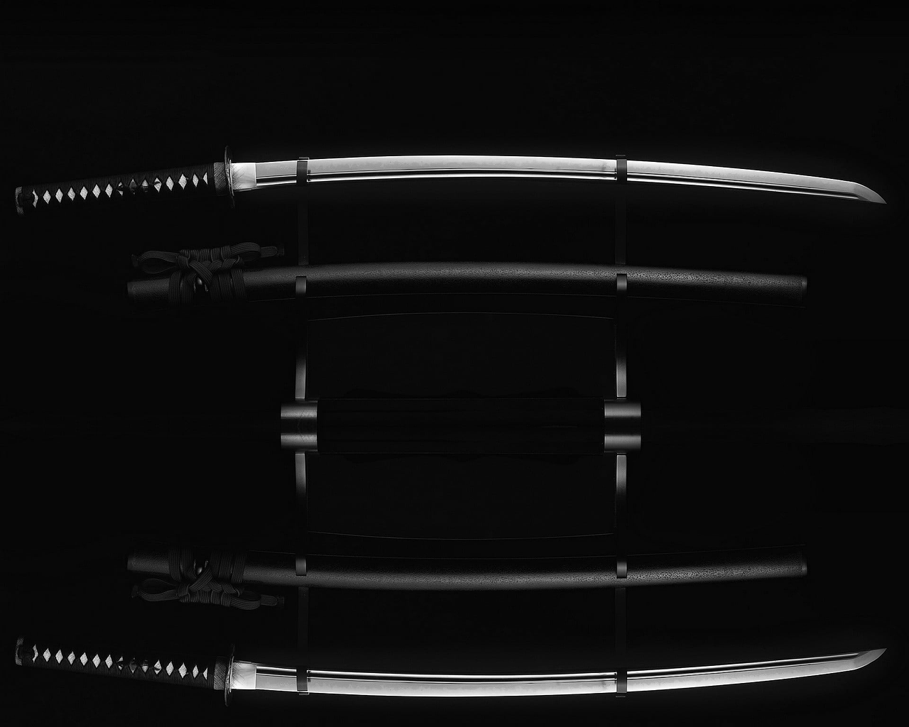 a couple of swords sitting on top of a table, a black and white photo, inspired by Kanō Hōgai, unsplash, product lighting. 4 k, swinging reflective katana, shot with sony alpha 1 camera, sleek spines