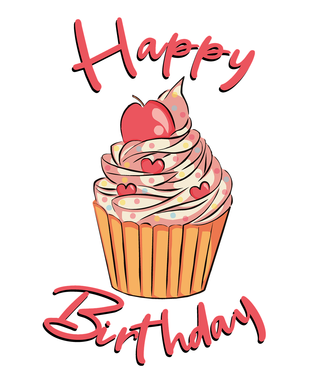 a cupcake with a cherry on top of it, a digital rendering, fine art, happy birthday, poster illustration, with a black background, svg illustration
