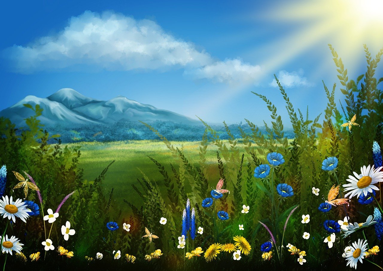 a painting of flowers in a field with a mountain in the background, a digital painting, cg society contest winner, naive art, butterflies and sunrays, forest with flowers blue, in style of digital illustration, environment design illustration