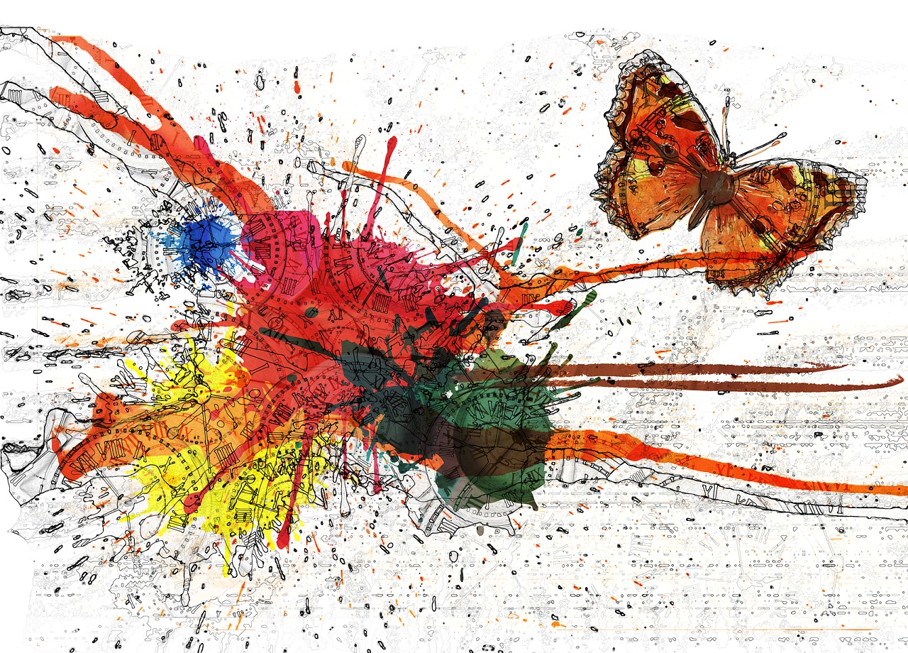a drawing of a butterfly and a flower, an illustration of, by Micha Klein, shutterstock contest winner, action painting, color ink explosion, colorful architectural drawing, particles disintegration, pollock photorealistic
