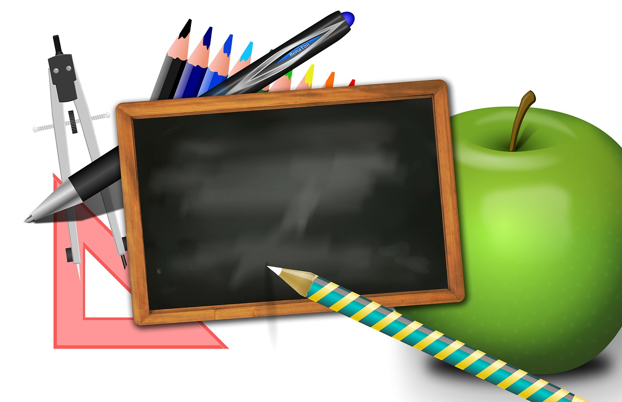 a green apple next to a blackboard and pencils, a digital rendering, by Randy Gallegos, various items, banner, document, created in adobe illustrator