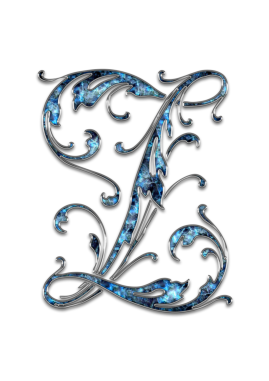 a close up of a fancy letter on a black background, a digital rendering, by Eugeniusz Zak, art nouveau, blue and silver colors, a beautiful artwork illustration, b, sickle