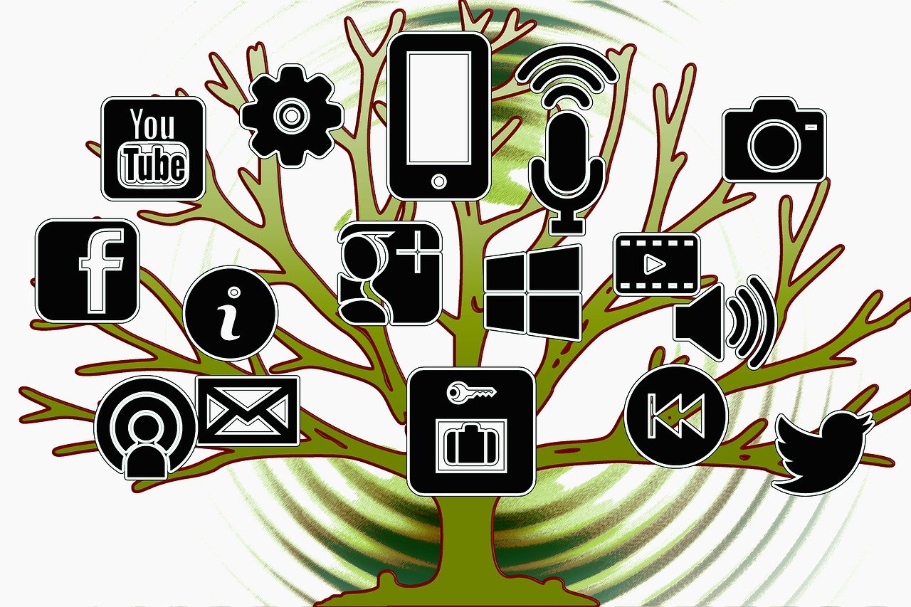 a picture of a tree with social icons on it, a picture, by Mirko Rački, trending on pixabay, digital art, devices and instruments, an art nouveau, handheld, gear