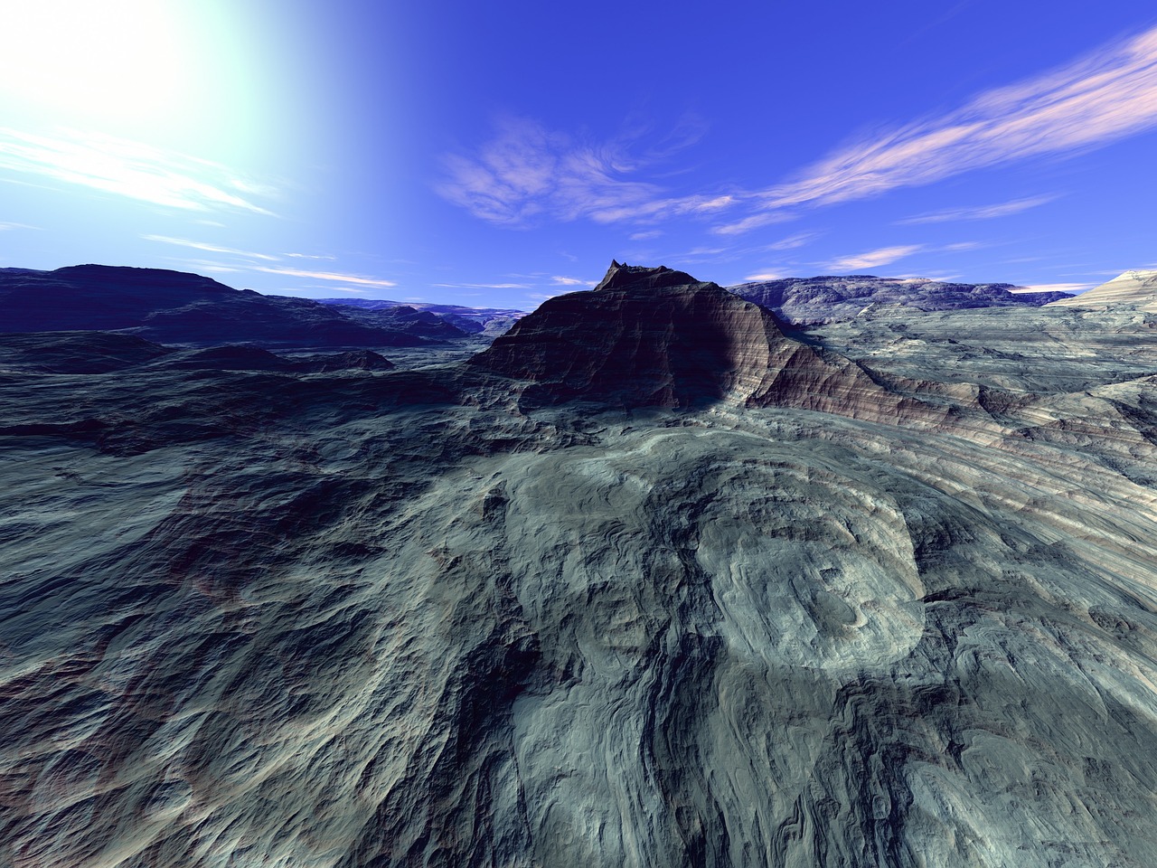 a computer generated image of a mountain in the middle of the ocean, a digital rendering, digital art, in the dry rock desert, mesa plateau, landscape photo, wide high angle view