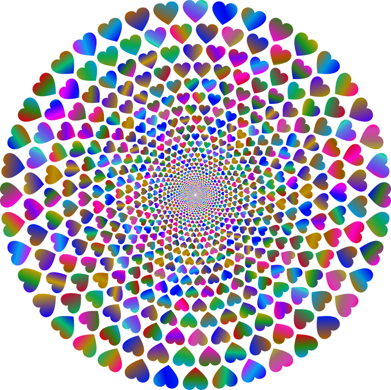 multicolored hearts arranged in a circle on a black background, a raytraced image, inspired by Benoit B. Mandelbrot, psychedelic art, pulled into the spiral vortex, transparent holographic being, high res, with gradients