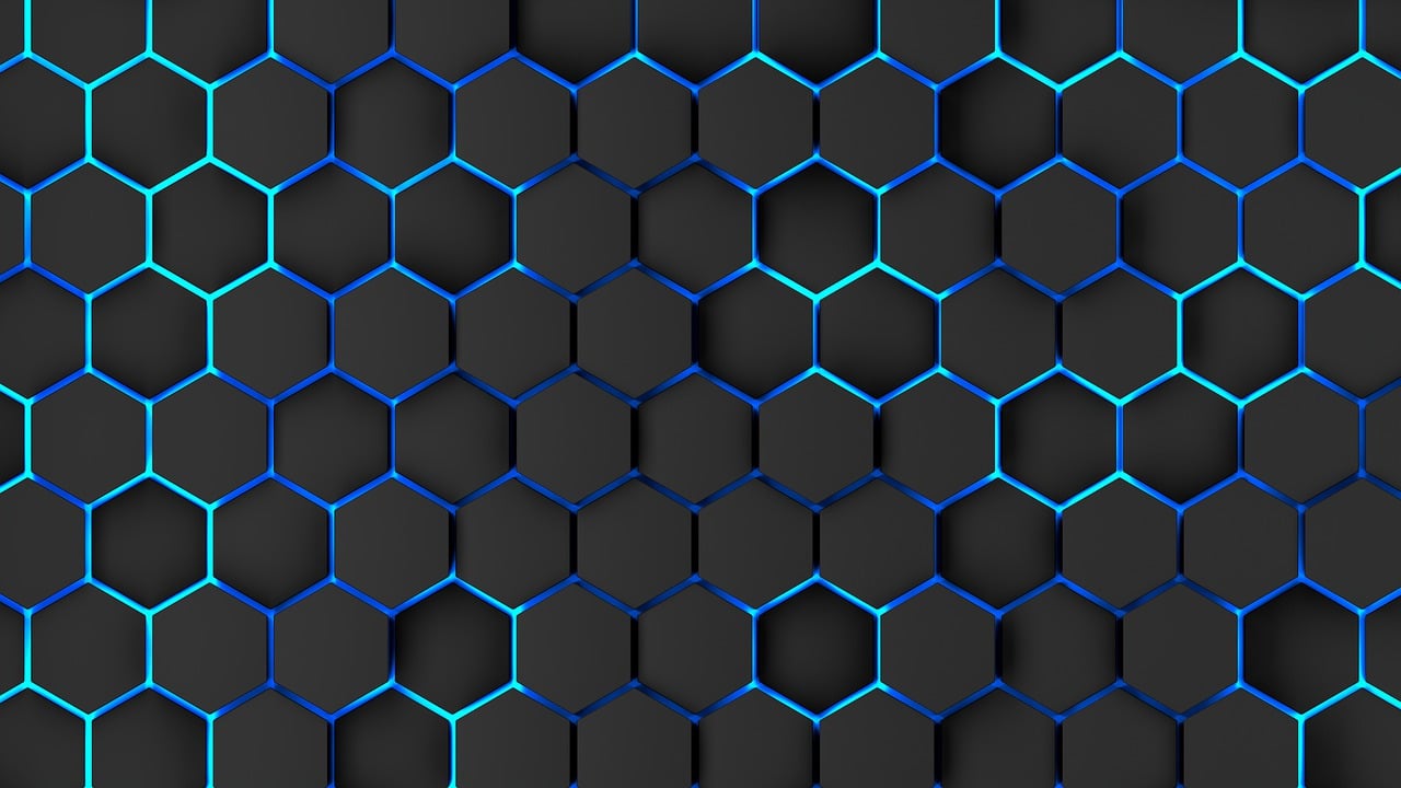 a blue hexagonal pattern on a black background, shutterstock, background image, 3 d graffiti texture, carapace, 4k uhd wallpaper