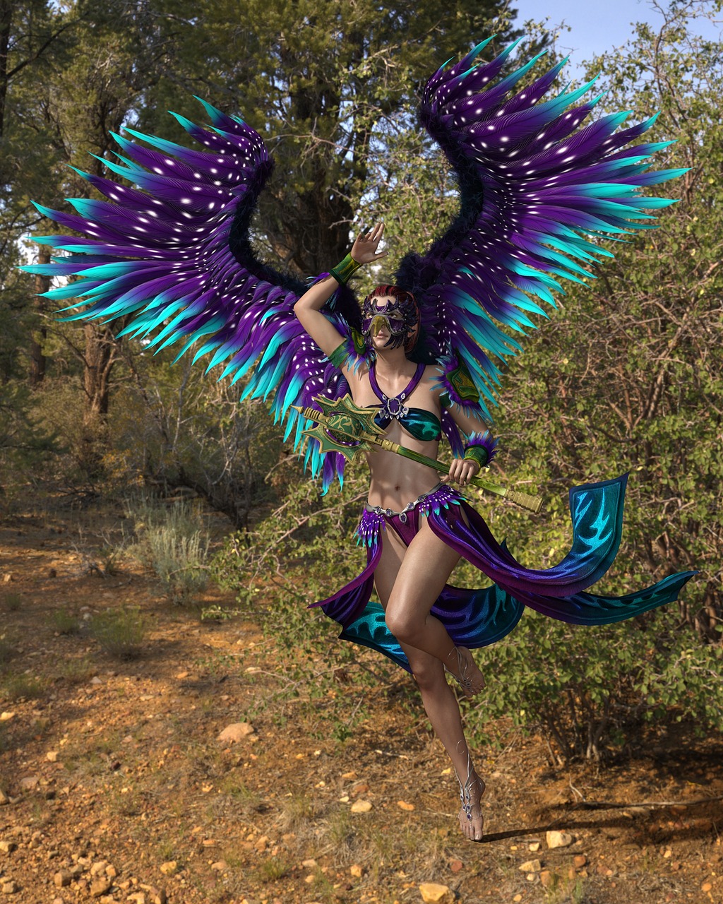 a woman in a purple and blue costume, a raytraced image, inspired by Warwick Goble, cg society contest winner, fantasy art, with real wings, enjoying a stroll in the forest, 3 d render of a shaman, standing triumphant and proud