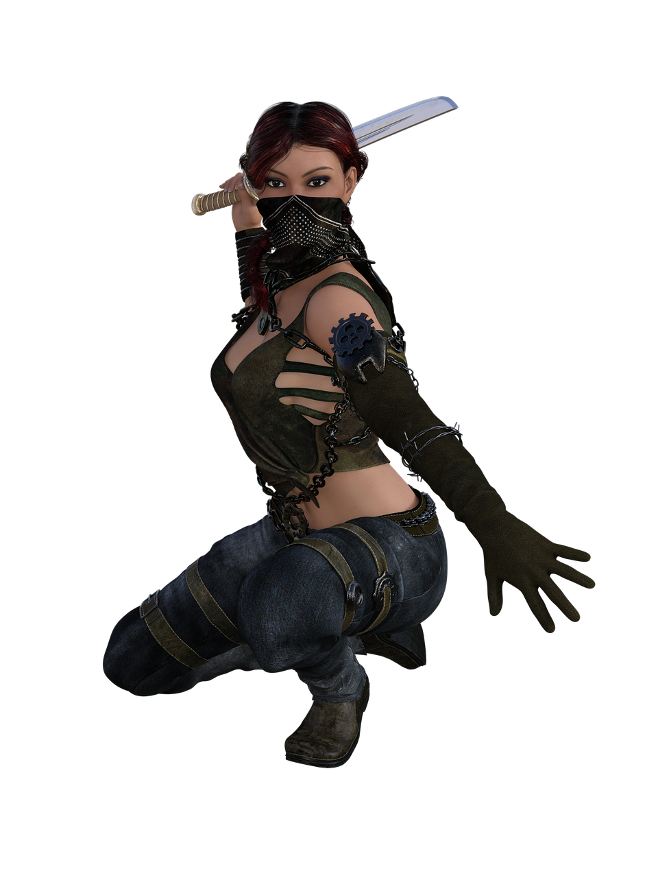 a woman with a knife in her hand, inspired by Leng Mei, deviantart contest winner, in game capture 3d render, dramatic wielding katana pose, diesel punk female, high quality fantasy stock photo