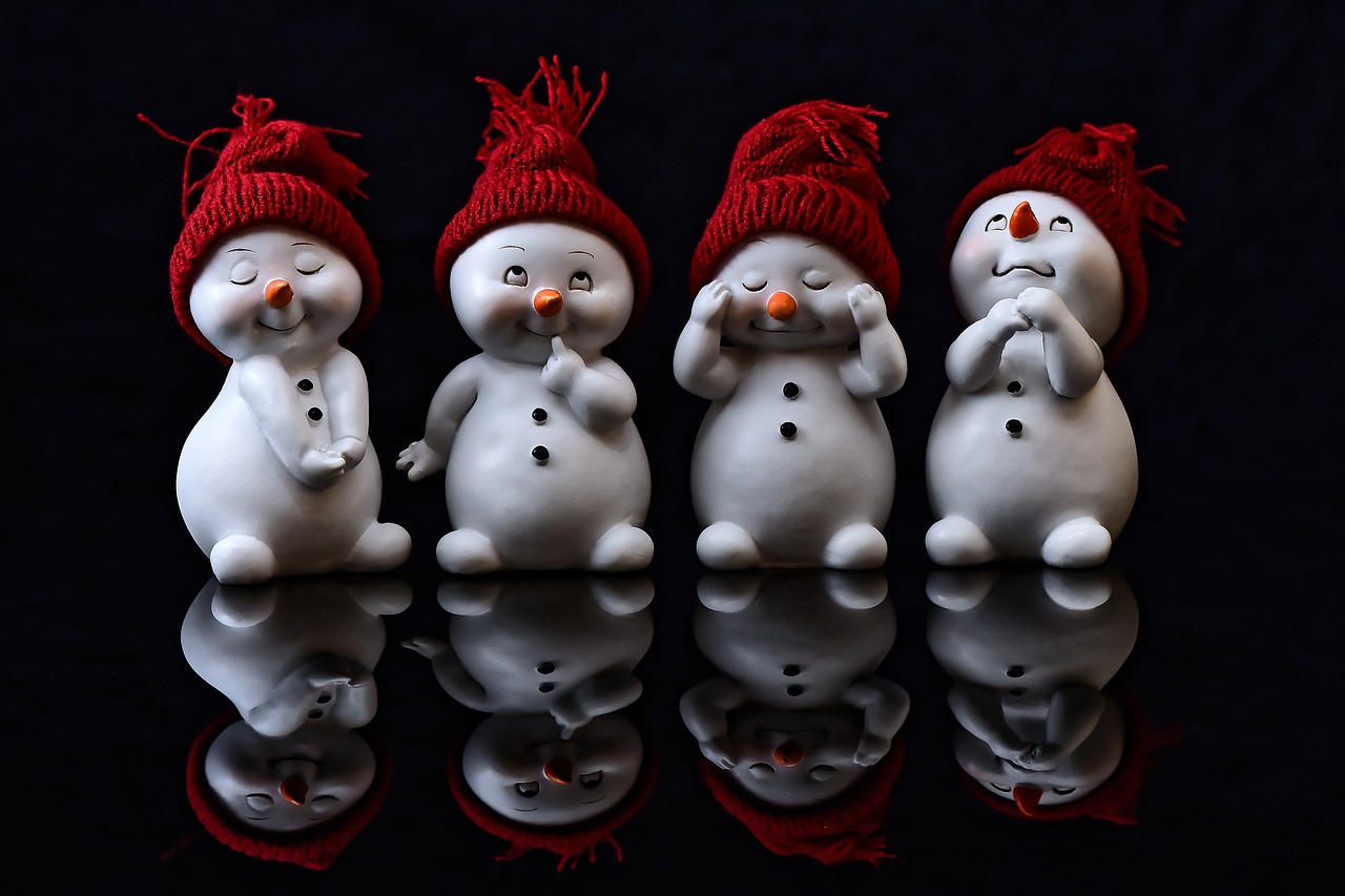 a group of three snowmen sitting next to each other, by January Suchodolski, trending on pixabay, process art, mirrored, clay animation, drops, trending photo