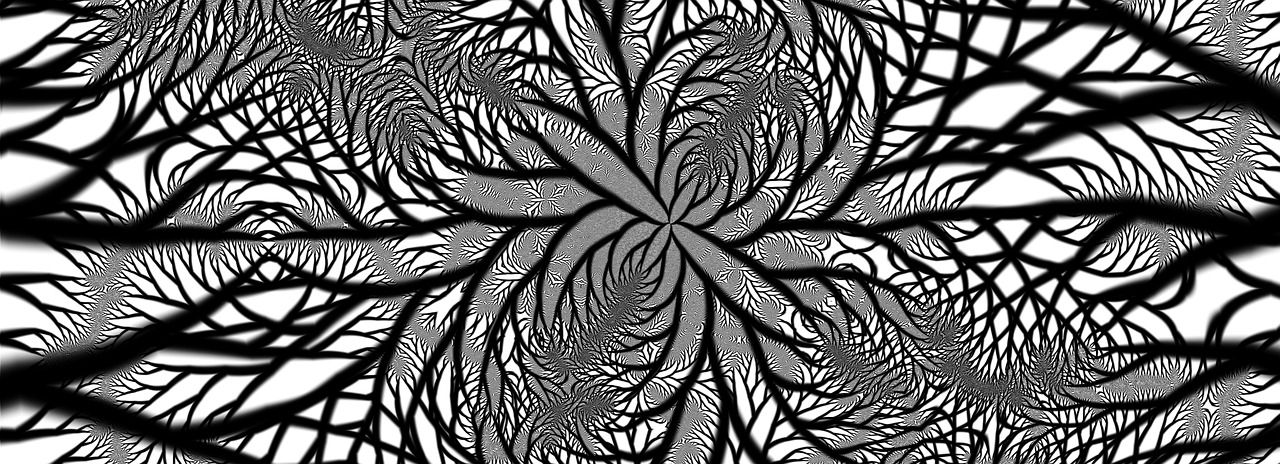 a black and white image of a tree, inspired by MC Escher, generative art, fractal flame. highly_detailded, whorl, psychedelic background, intertwined a dissolving