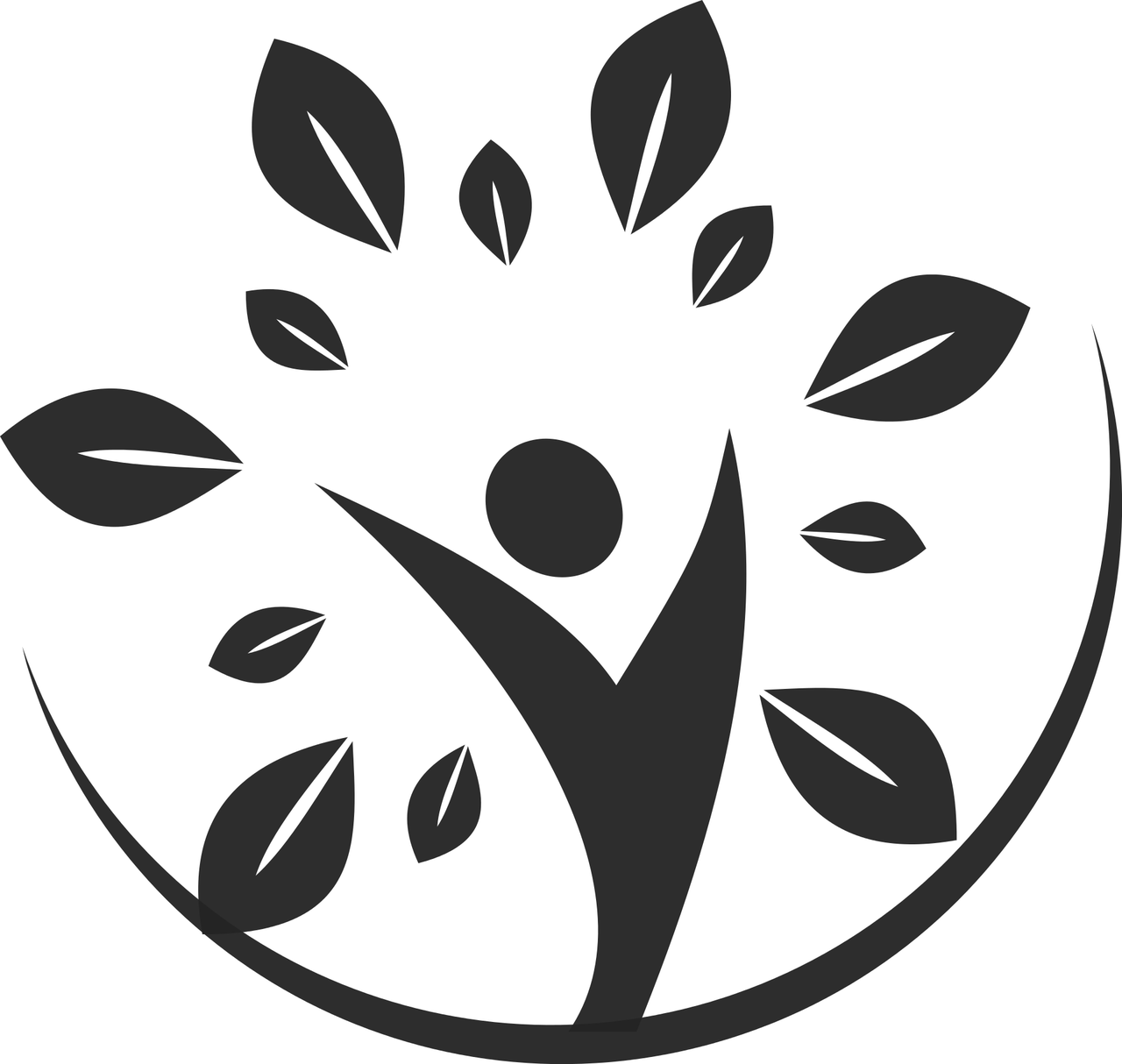 a black and white image of a tree with leaves, inspired by Ștefan Luchian, pixabay, rounded logo, backround dark, humanoid flora, corporate logo