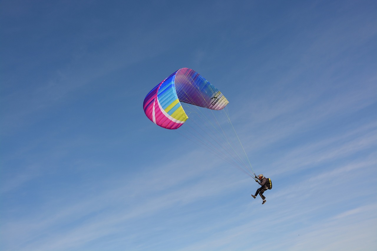 a person that is flying a kite in the sky, a picture, figuration libre, skydiving, high res photo, in scotland, bright rainbow nimbus