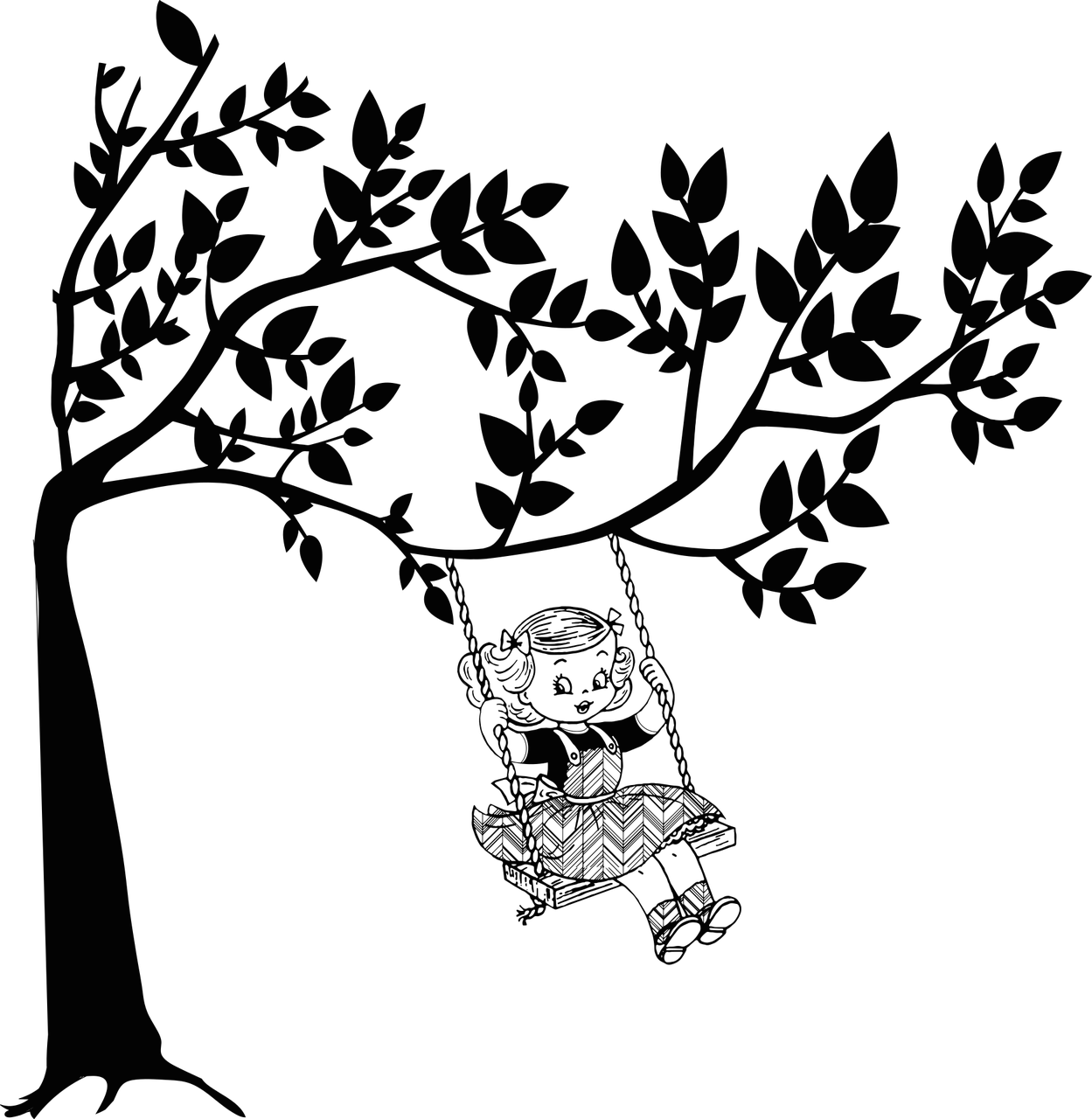 a black and white image of a tree, black backround. inkscape, swings, child, full screen