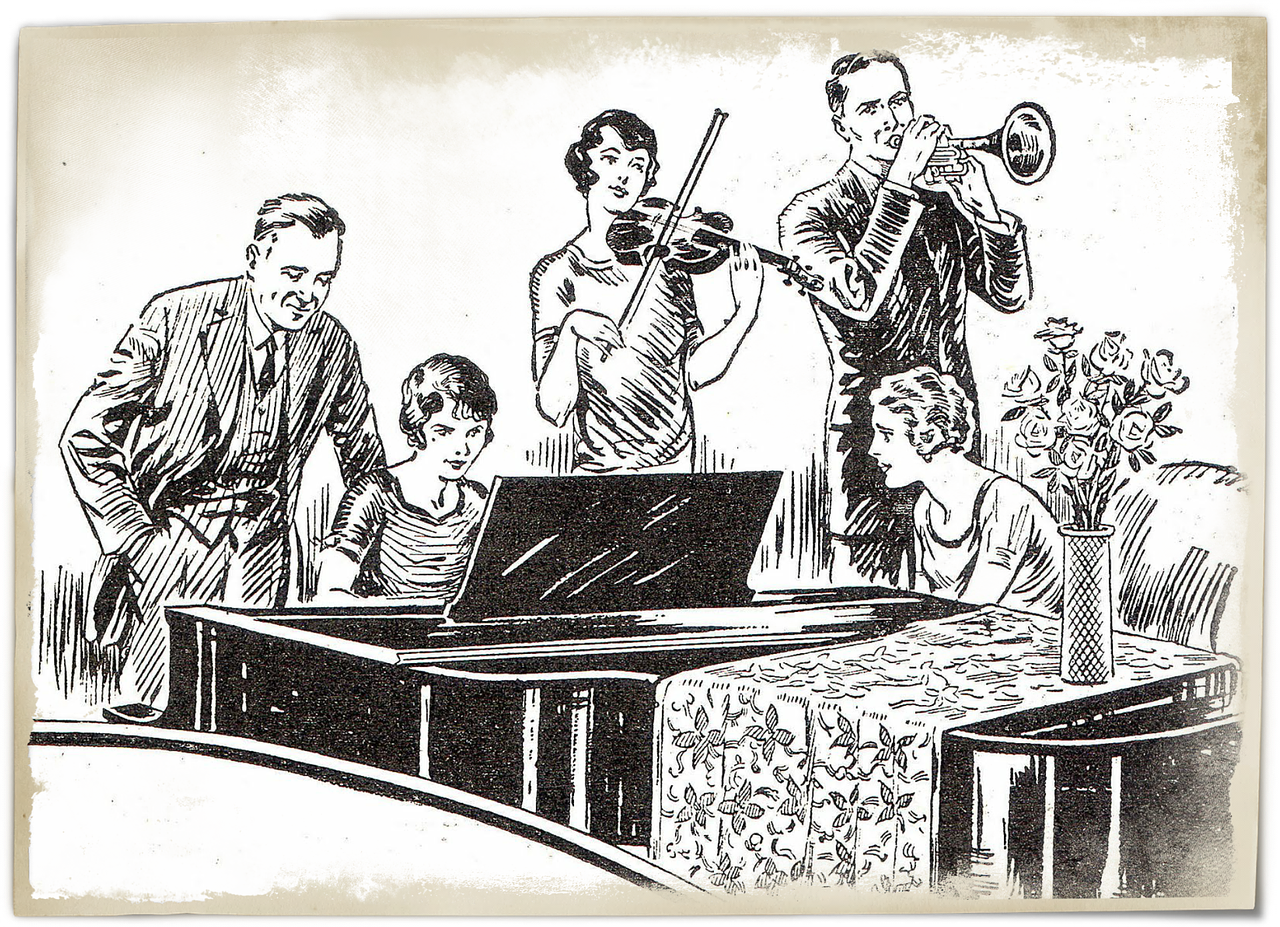 a black and white drawing of a group of people, an illustration of, by Otto Stark, playing piano, wikihow illustration, trumpet, 1 9 2 0 s furniture