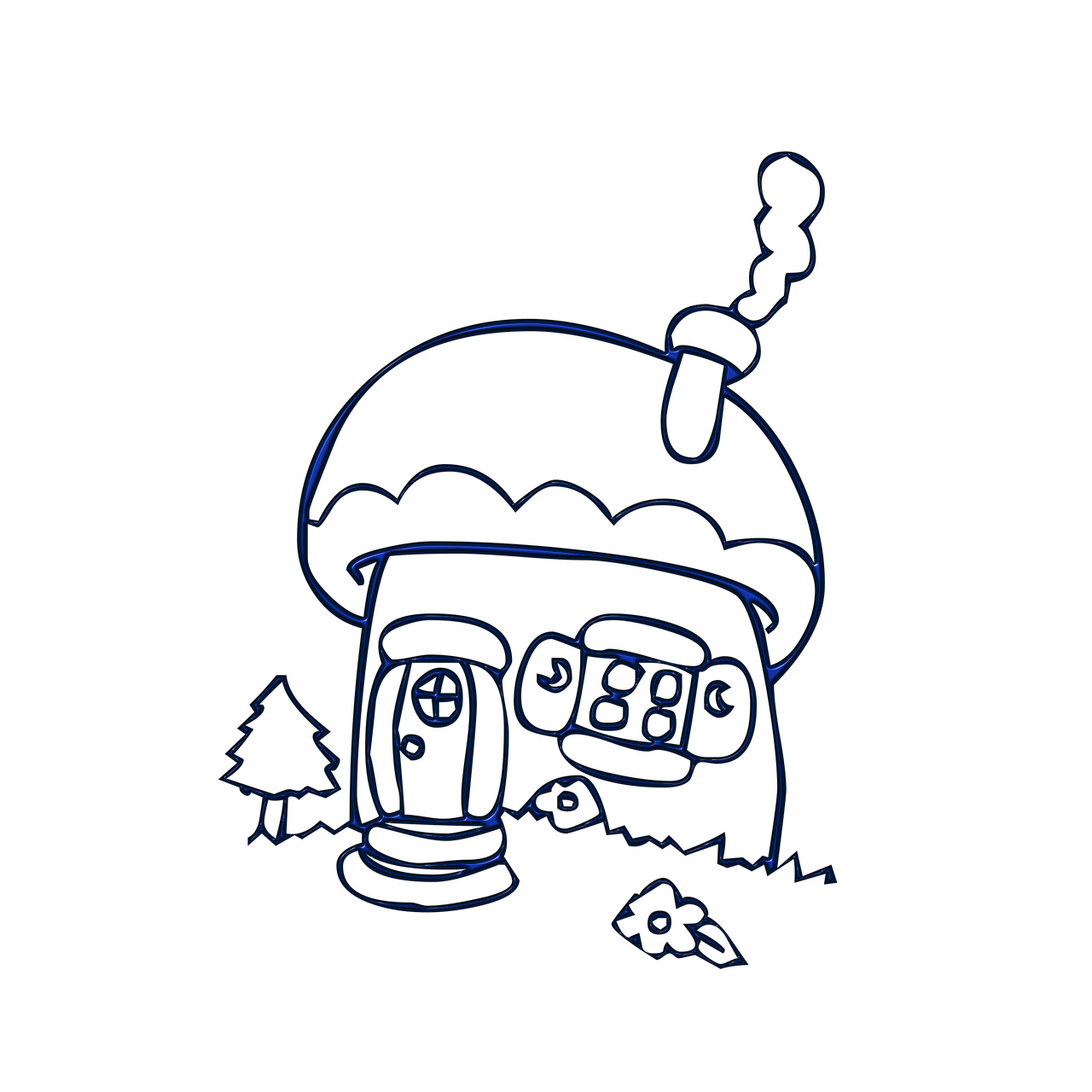 a drawing of a mushroom house on a black background, concept art, graffiti, blue light, blurred and dreamy illustration, outlined, animatic
