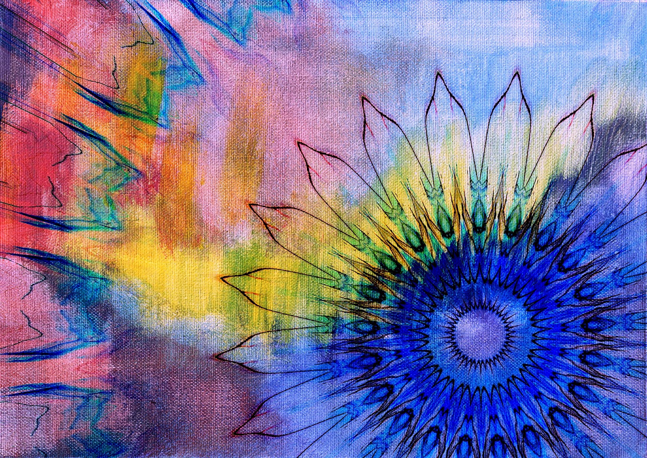 a close up of a painting of a flower, an abstract drawing, inspired by Martiros Saryan, flickr, sunbeams. digital illustration, tie-dye, sunflower background, emanating with blue aura