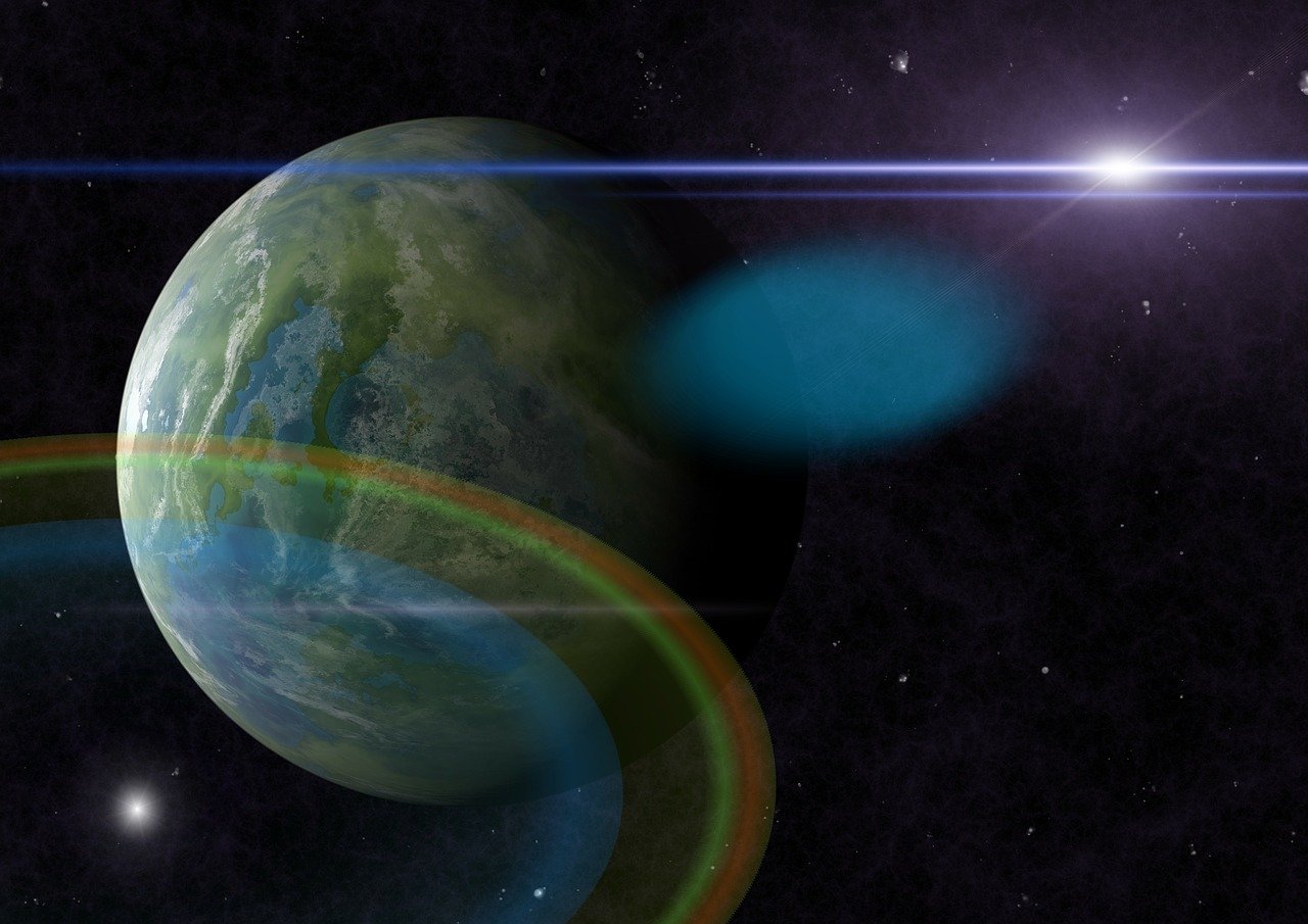 a green planet with a rainbow ring around it, by Wayne Reynolds, giant sentinel crashed on earth, chromostereopsis, subtle lens flare, dark blue planet